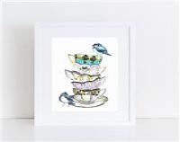 Art Deco Print - Teacup Stack with Cheeky Birds